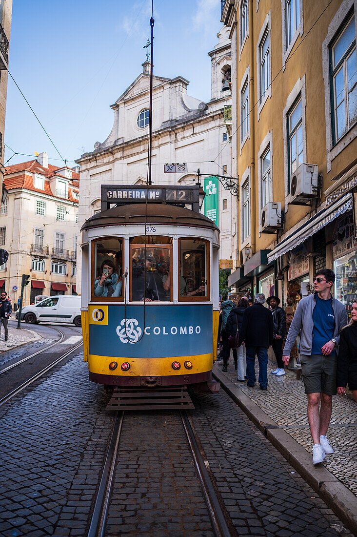 Tram in the streets of Lisbon