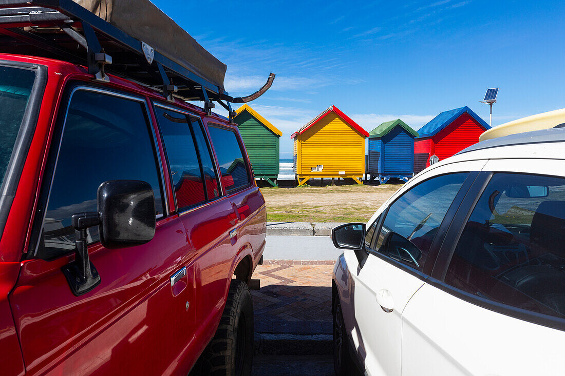 Cars parked near Muizenberg Beach