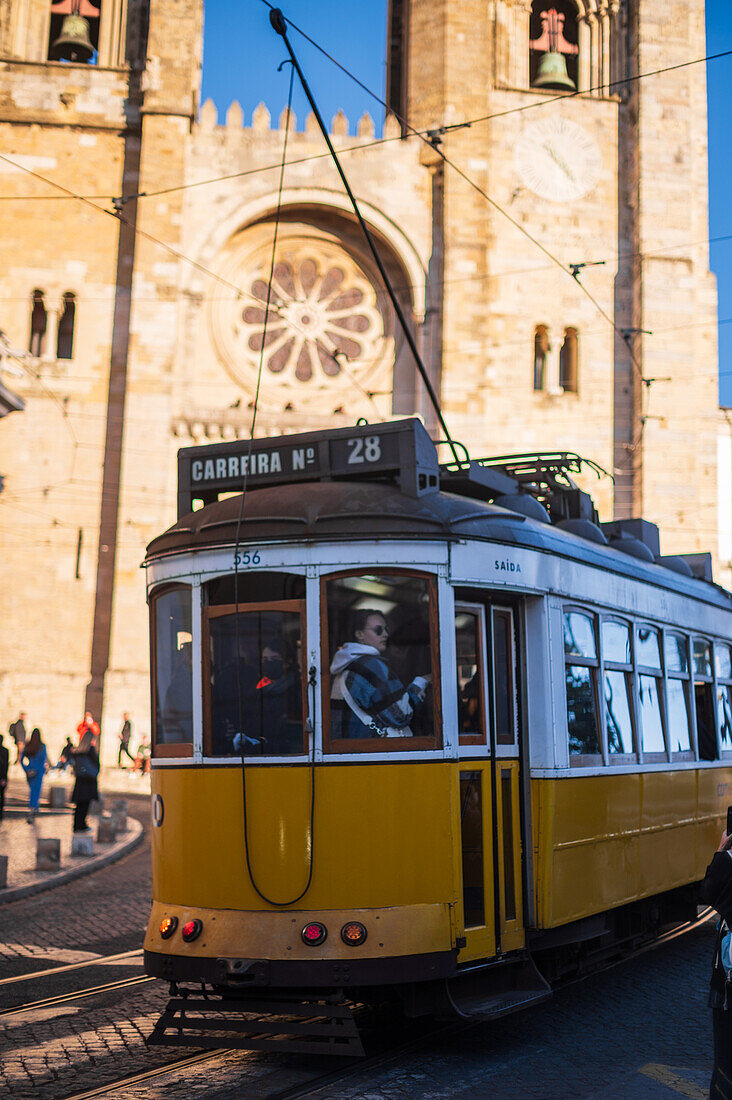 Tram in the streets of Lisbon