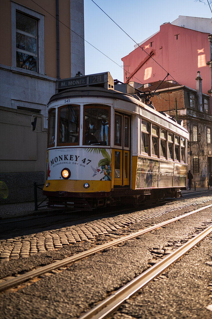 Tram in the streets of Lisbon