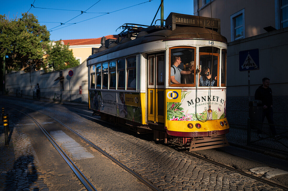 Tram in the streets of Lisbon