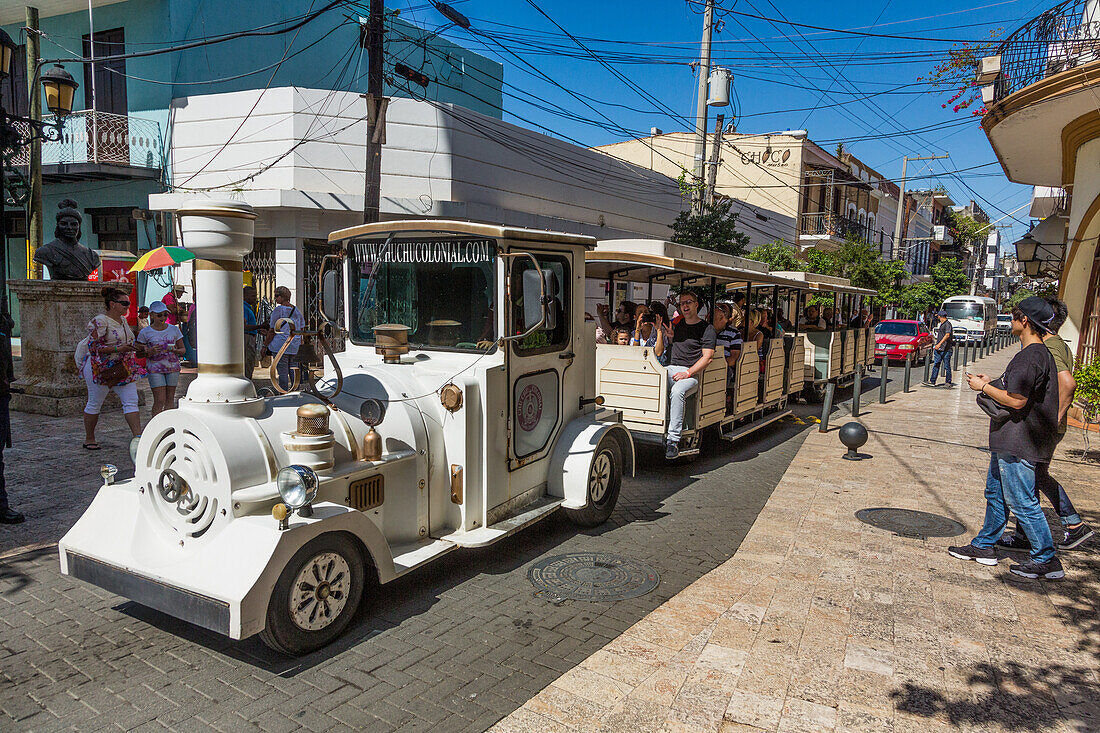 Chu Chu Colonial, a tourist tram in the Colonial City of Santo Domingo, Dominican Republic. UNESCO World Heritage Site of the Colonial City of Santo Domingo.