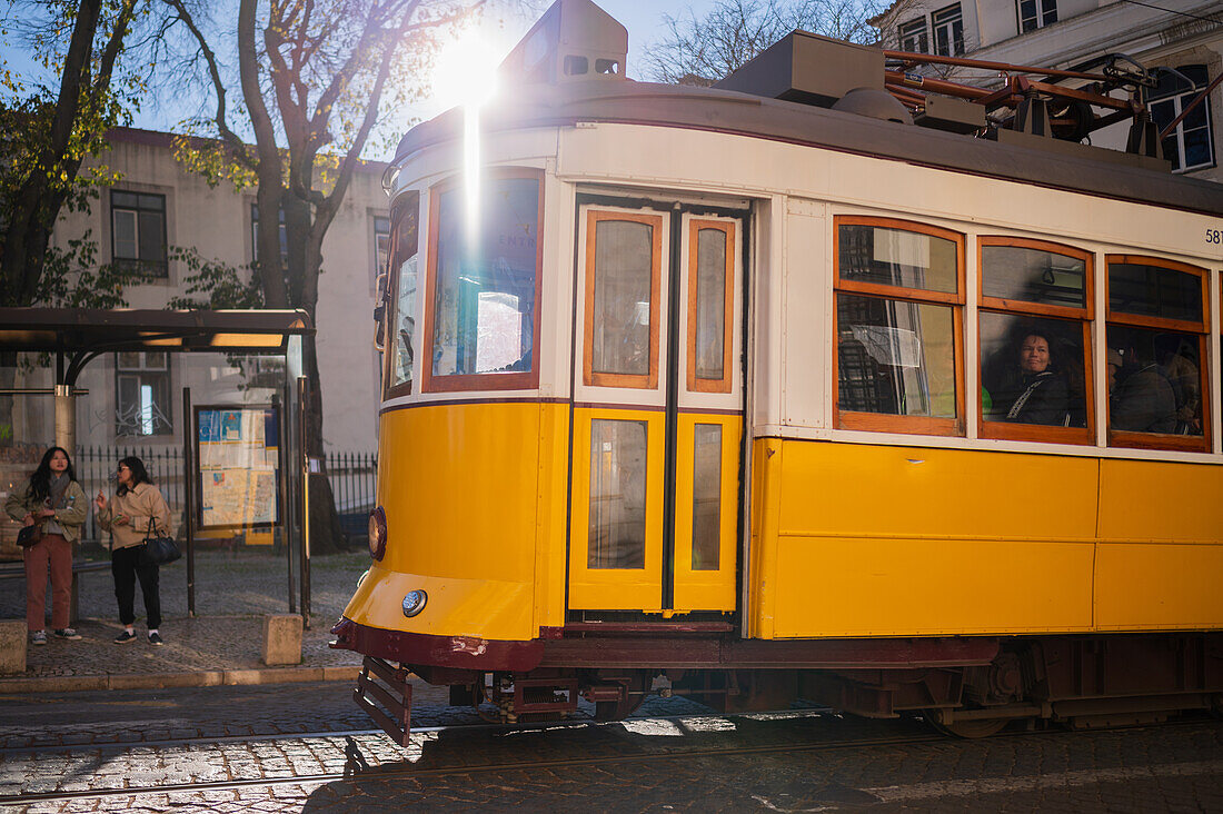 Tram in the streets of Lisbon