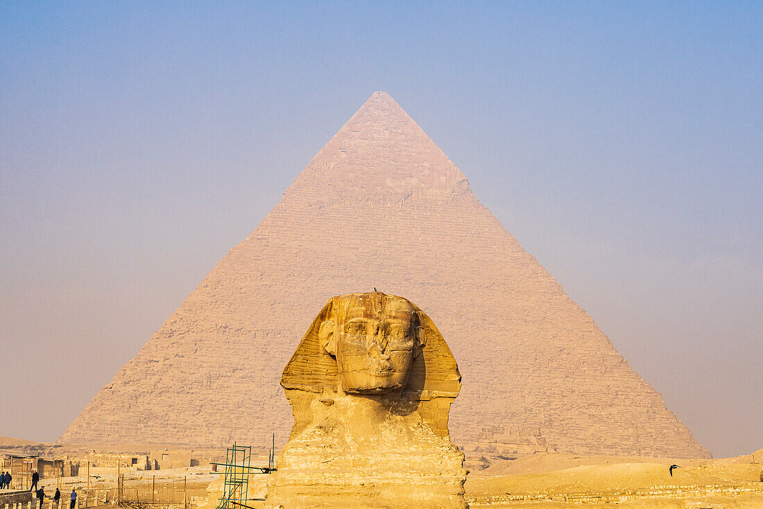 Giza, Cairo, Egypt. The Great Sphinx and the Pyramid of Khafre.