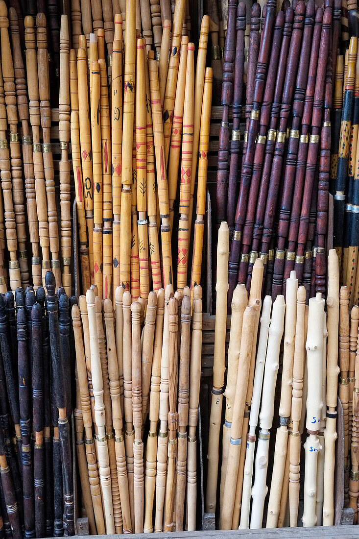 Fes, Morocco. Traditional musical instruments for sale at a music shop in the medina.