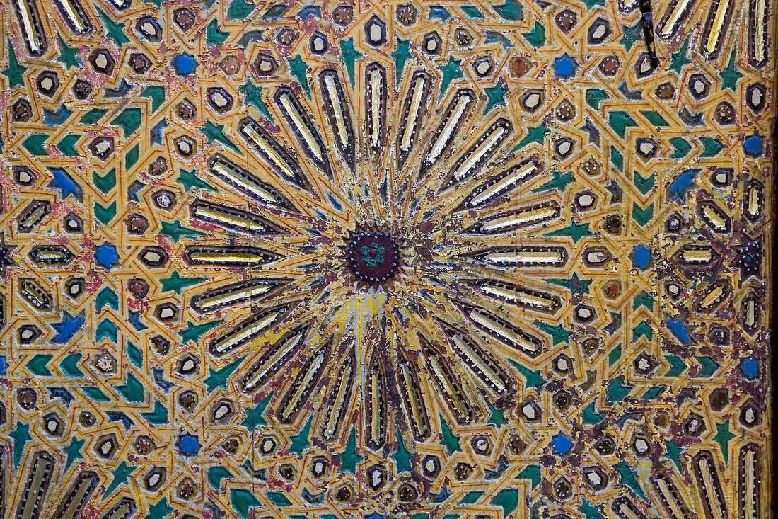 Fes, Morocco. Hand painted and carved doorway detail.