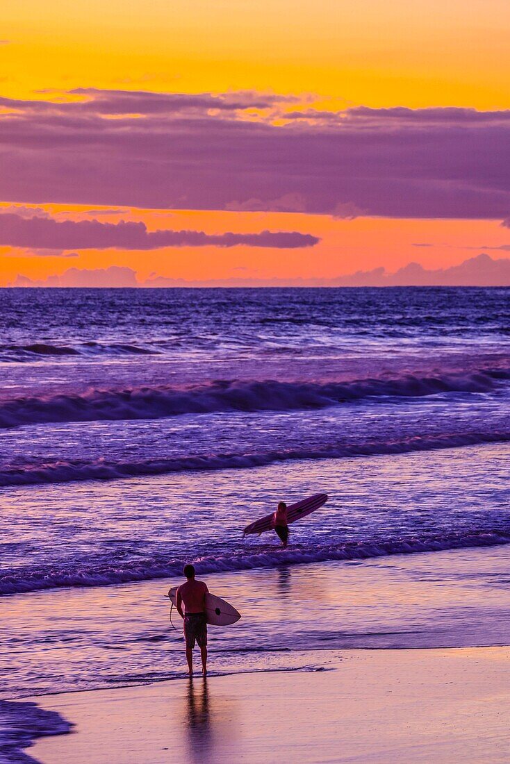 The golden light of the setting sun reflects a gold glow on the beach at Pererenan Beach, Bali, Indonesia