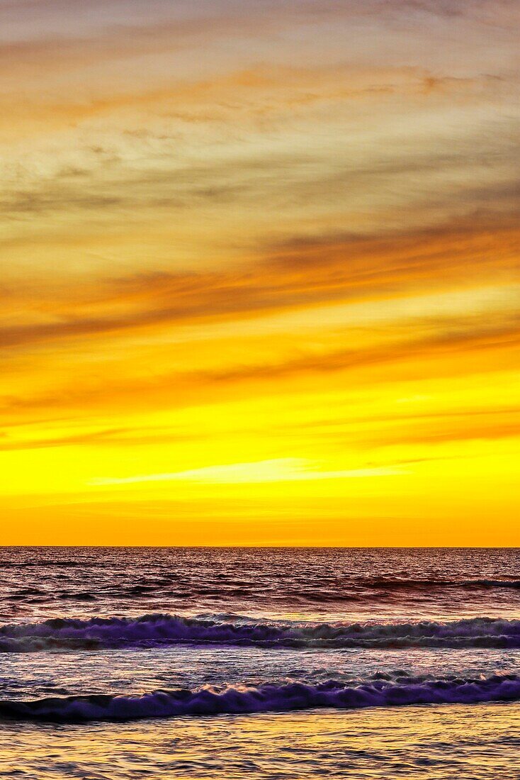 Das goldene Licht der untergehenden Sonne reflektiert einen goldenen Schimmer auf dem Strand von Pererenan Beach, Bali, Indonesien