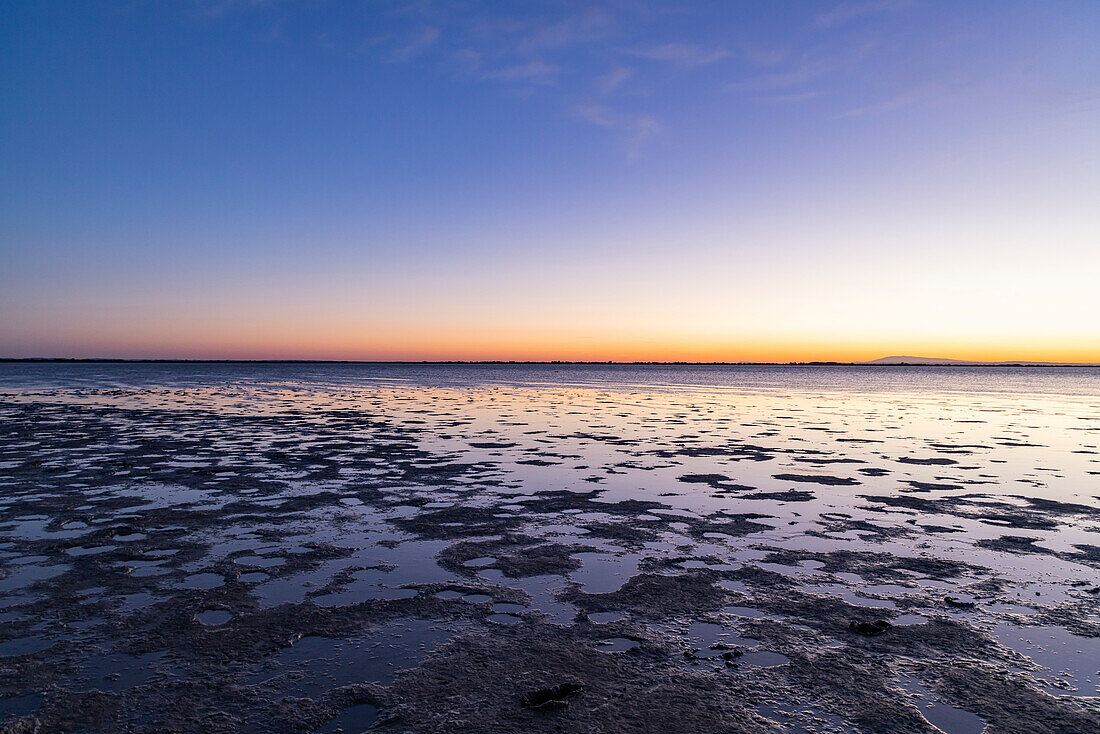 Saintes-Maries-de-la-Mer, Bouches-du-Rhone, Provence-Alpes-Cote d'Azur, France. Sunrise on the marshlands of the Camargue.