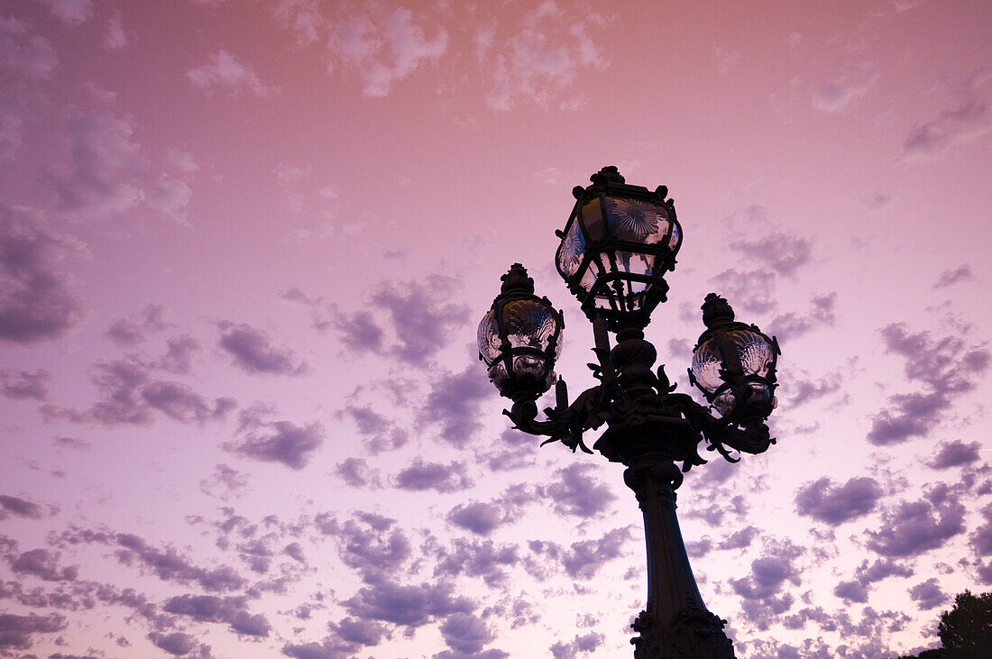 Blick auf einen Laternenpfahl auf der Pont Alexandre III, mit einem rosa Himmel dahinter. Pont Alexandre III, Paris, Ile-de-France, Frankreich.