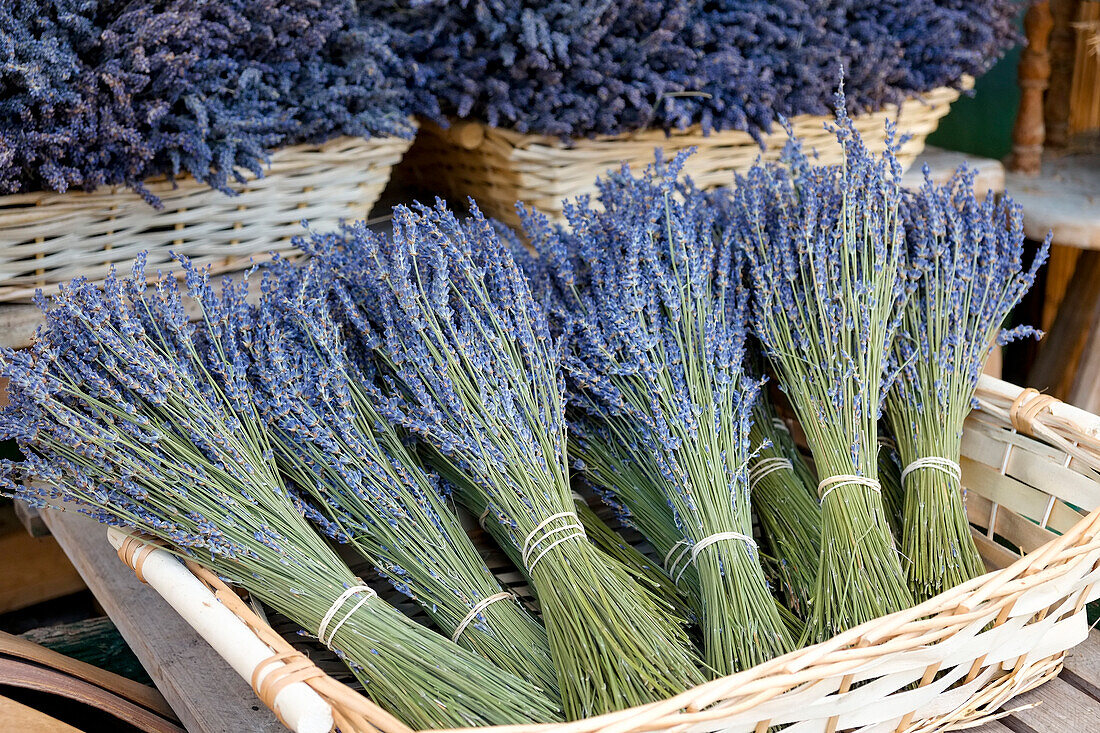 München, Deutschland. Bauernmarkt. Korb mit getrocknetem Lavendel