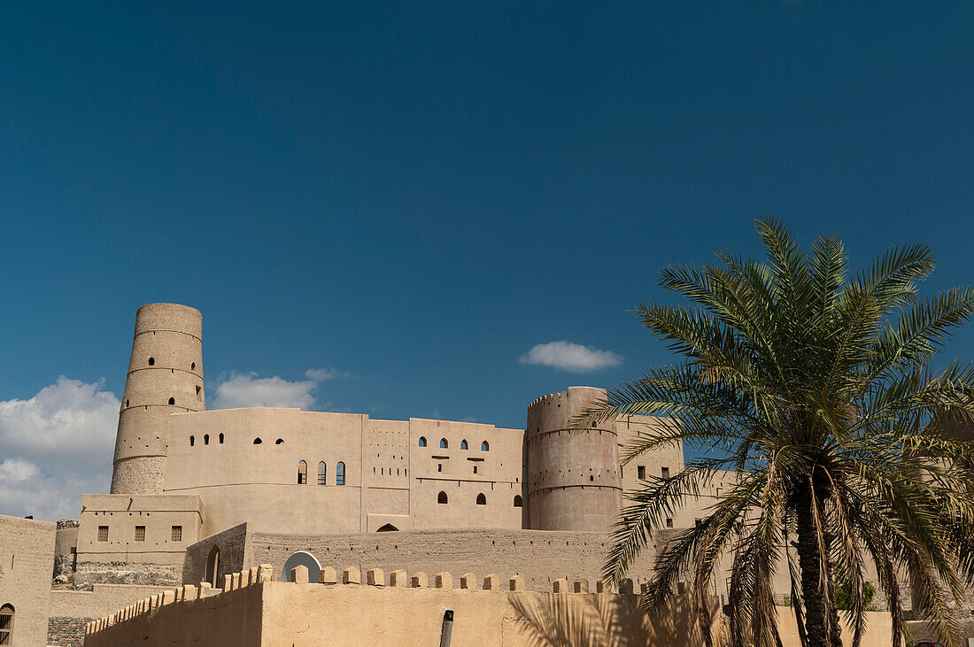 Das Fort von Bahla aus dem 13. Jahrhundert und eine Palme. Bahla, Oman.