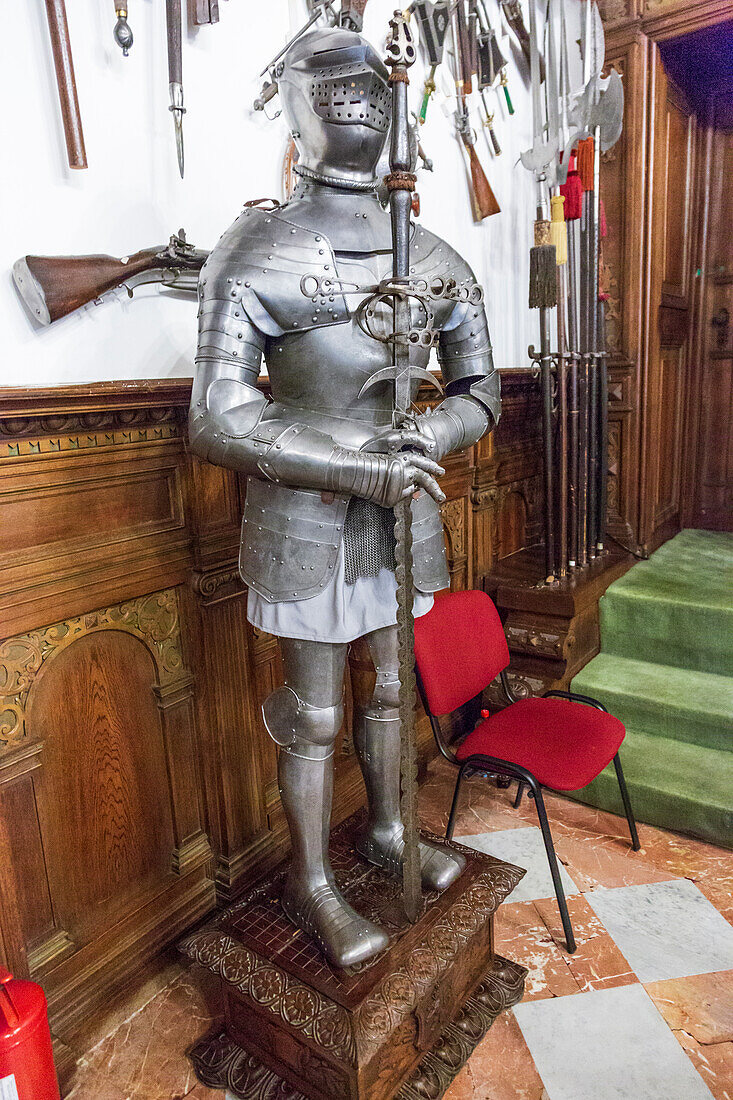 Romania, Carpathian Mountains, Prahova County, Sinaia. Peles Castle, Castelul Peles. Neo-Renaissance castle. Period Armor.