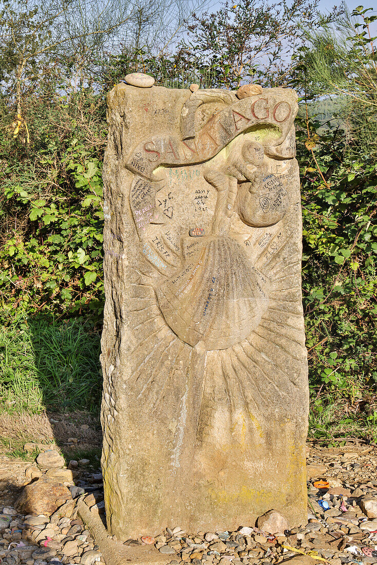 Spain, Galicia. Marker as pilgrims near Santiago de Compostela on the Camino de Santiago (The Way of St. James) between O Pino and Lavacolla