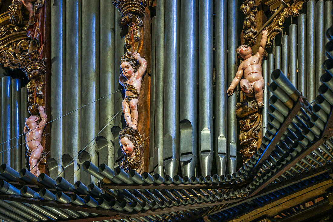 Spain, Galicia. Cathedral in Santiago de Compostela, organ pipes decorated with cherubs