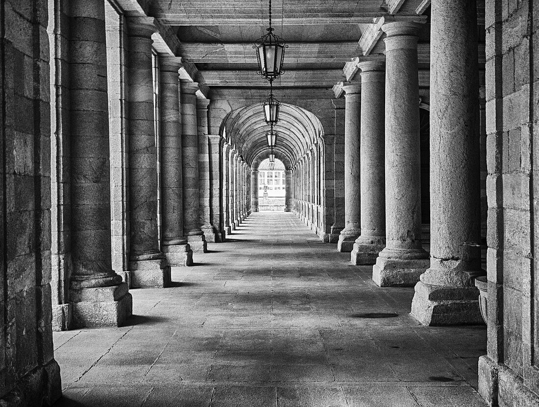 Arcade in the Palacio de Rajoy (Pazo de Raxoi) near the main square of Cathedral Santiago de Compostela.