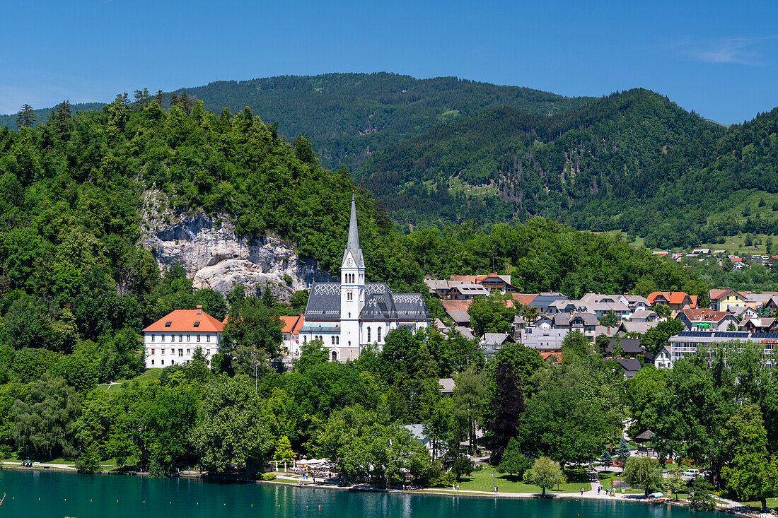 A view of the town of Bled and Saint Martin's church. Bled, Slovenia.