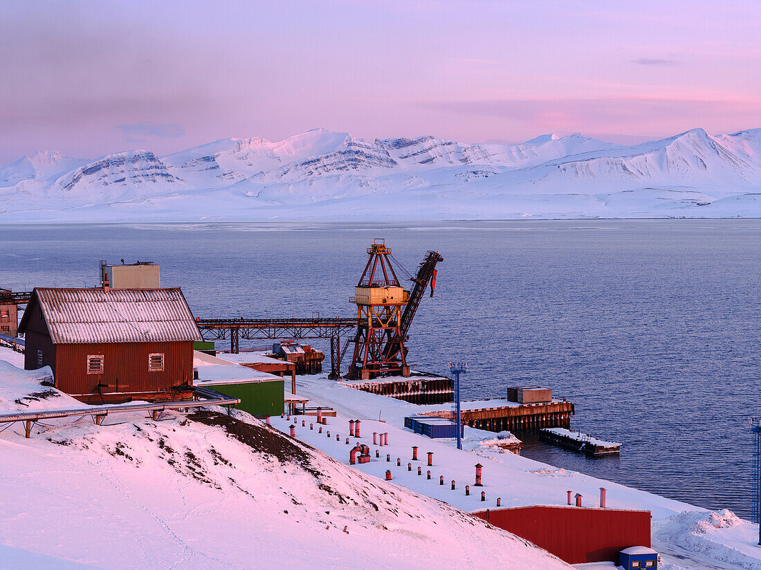 Harbor area. Russian coal mining town Barentsburg at fjord Gronfjorden. The coal mine is still in operation. Arctic Region, Scandinavia, Norway, Svalbard