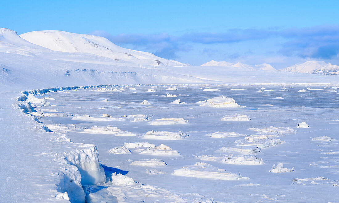 Landscape at frozen Gronfjorden, Island of Spitsbergen. Arctic region, Scandinavia, Norway, Svalbard