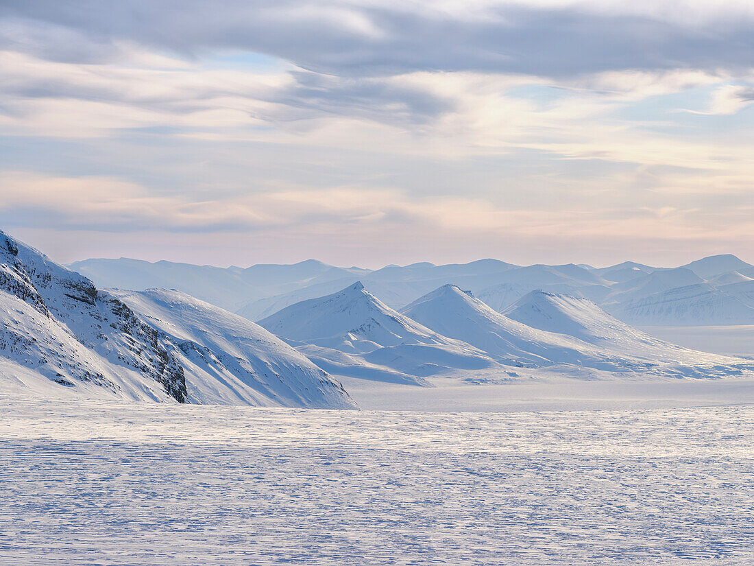 View over Fridtjovbreen. Landscape in Van Mijenfjorden National Park, (former Nordenskiold National Park), Island of Spitsbergen. Arctic region, Scandinavia, Norway, Svalbard