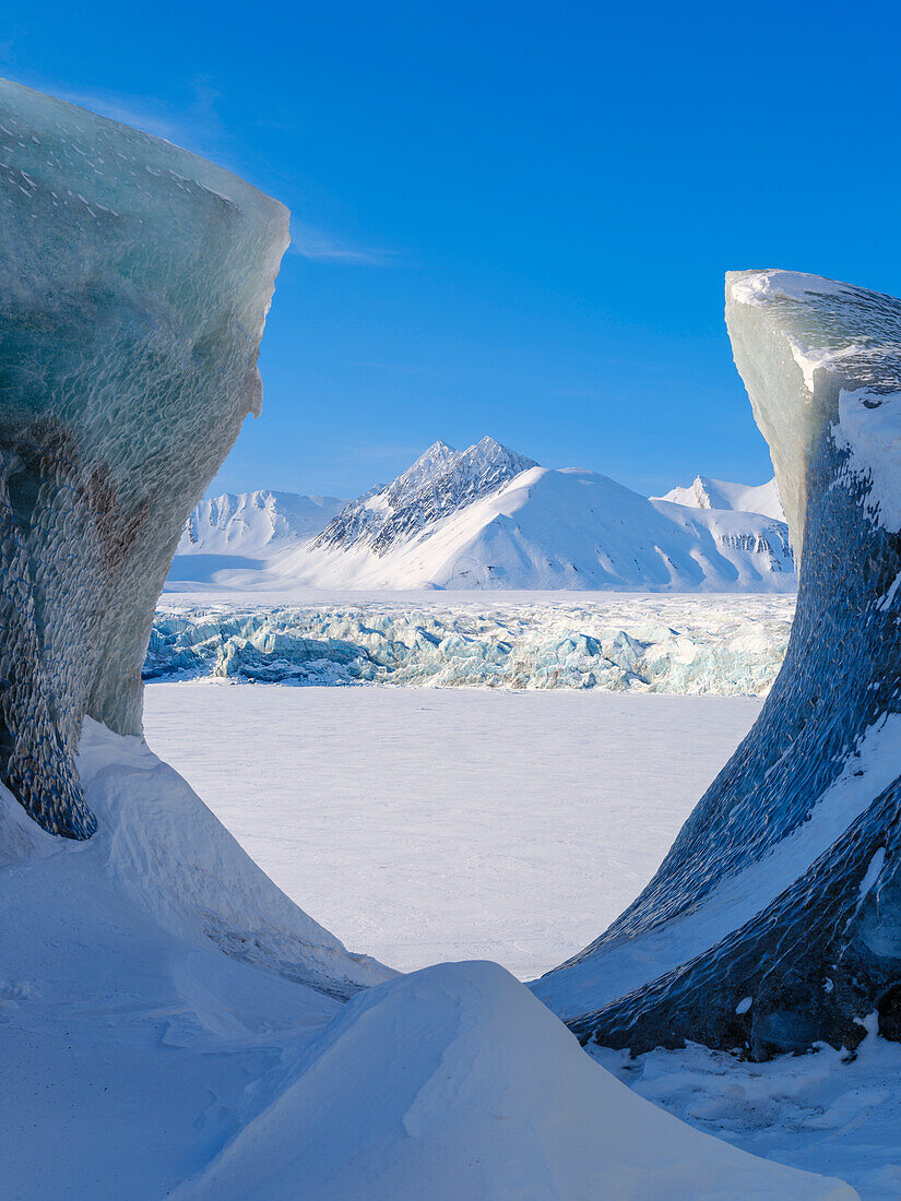 Serac, glacier Fridtjovbreen. Landscape in Van Mijenfjorden National Park, (former Nordenskiold National Park), Island of Spitsbergen.