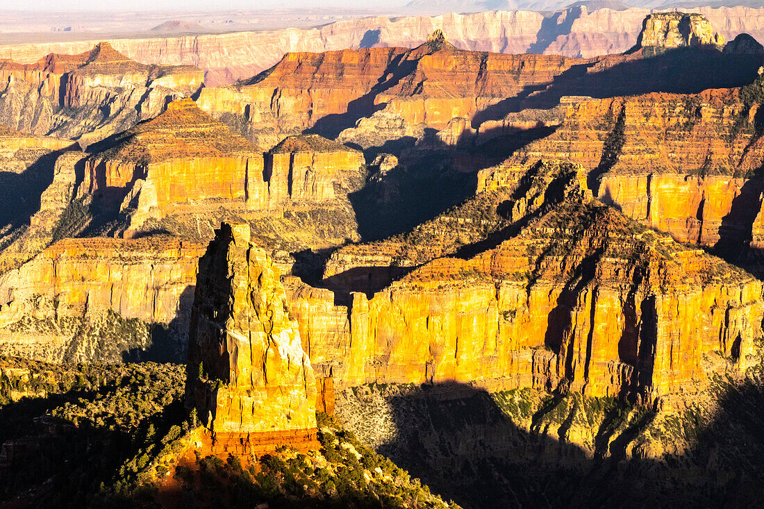 USA, Arizona, Grand Canyon National Park. Overview with pinnacle and cliffs from North Rim of Point Imperial.