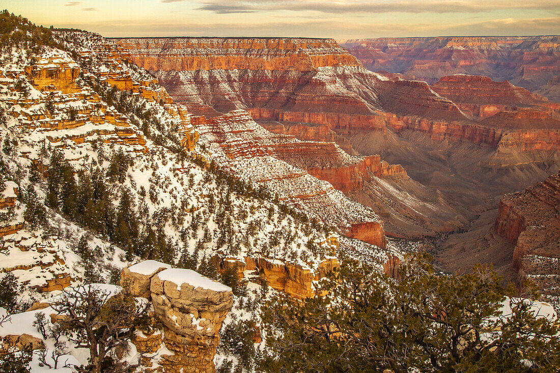 USA, Arizona, Grand Canyon National Park. Winter canyon overview from Grandview Point.