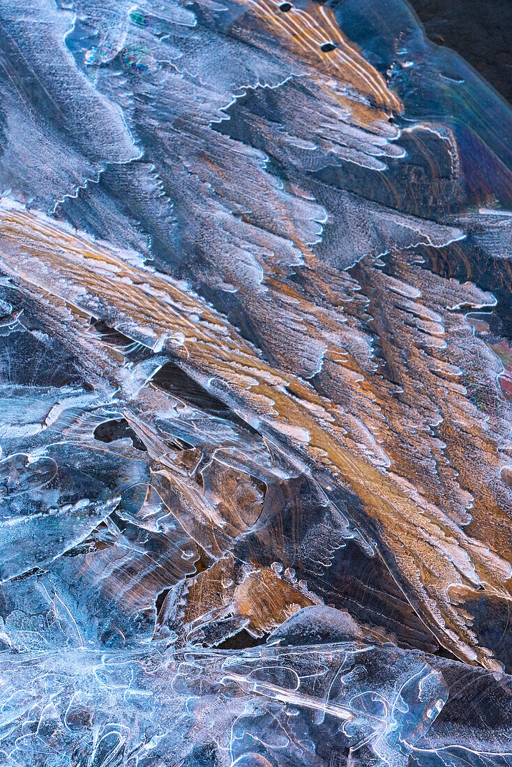 USA, Utah. Ice pattern formations on the Colorado River near Moab.