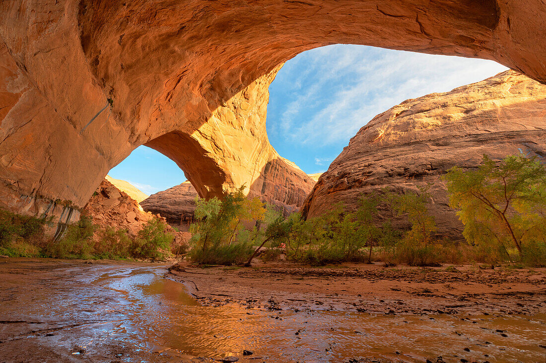 Jacob Hamblin Arch seen from beneath adjacent giant sandstone in Coyote Gulch, Glen Canyon National Recreation Area, Utah.