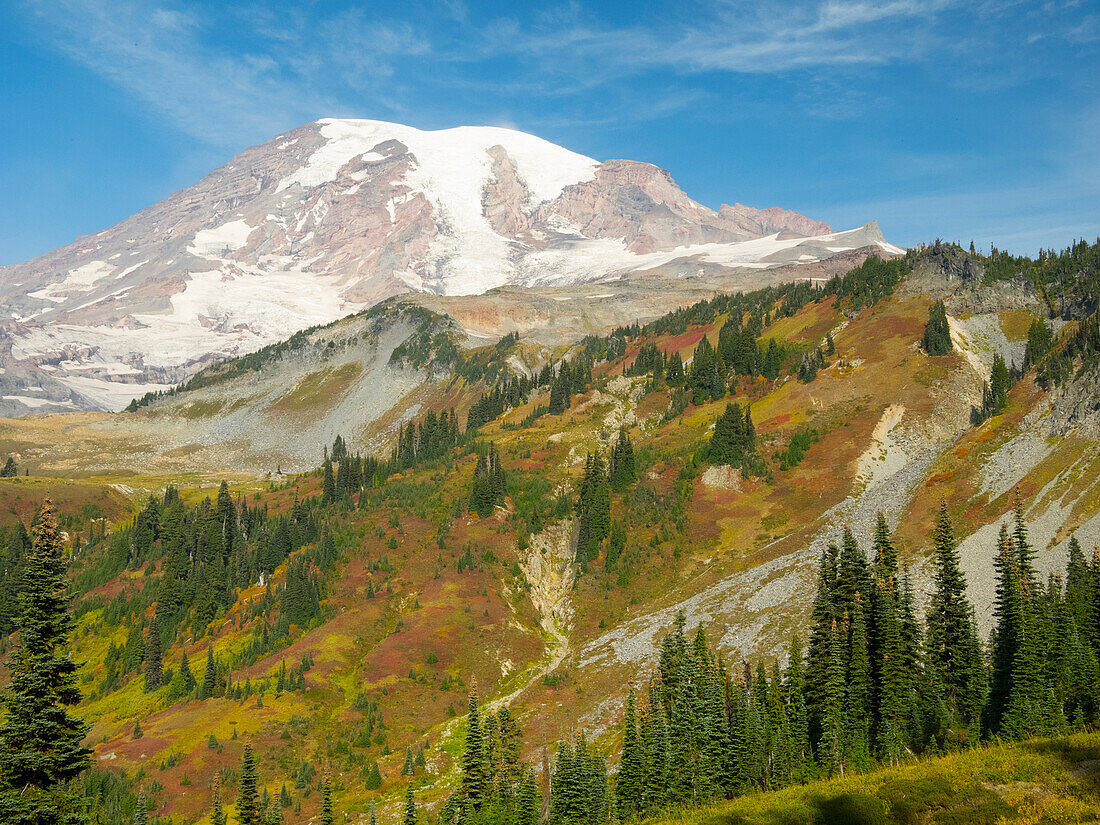 USA, Bundesstaat Washington, Mount Rainier National Park. Mount Rainier und Herbstfarben, Blick vom Skyline Trail