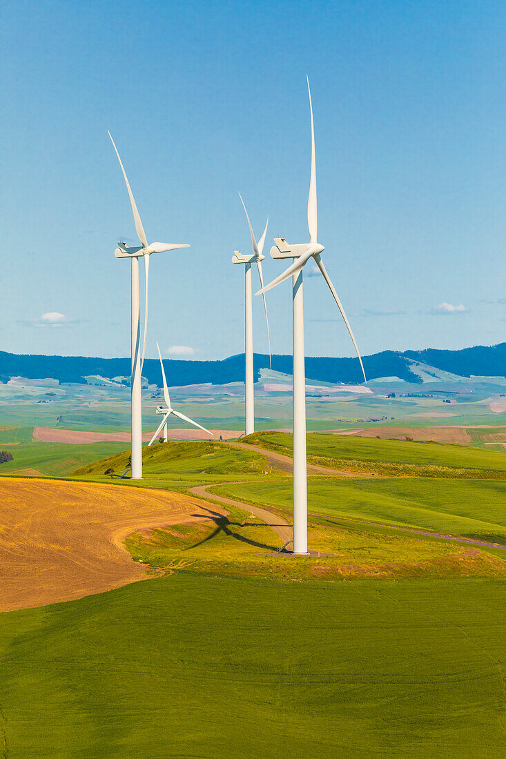 USA, Bundesstaat Washington, Palouse. Oakesdale. Weiße Windräder, Windmühlen.