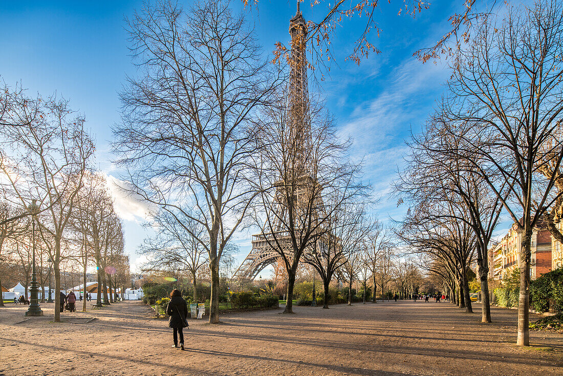 Der Eiffelturm erhebt sich über den blattlosen Bäumen, während Menschen in der Dämmerung durch einen Pariser Garten spazieren.