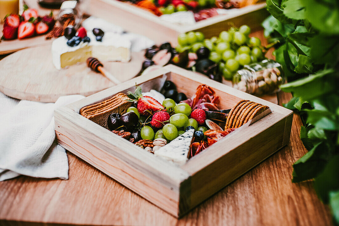 Draufsicht auf köstliche frische Häppchen auf Holztisch neben grünem üppigen Strauch