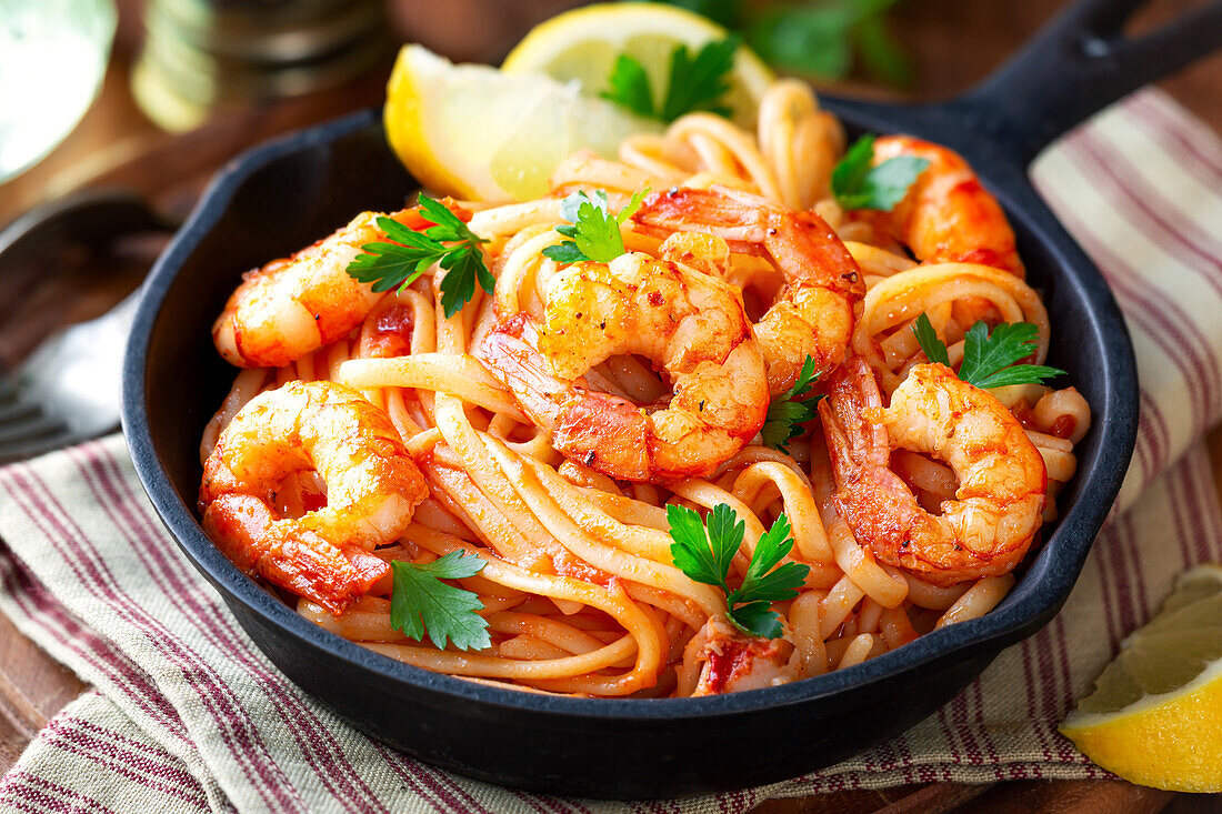 Von oben: Spaghetti mit Garnelen in Tomatensoße, garniert mit Petersilie und Zitronenspalten