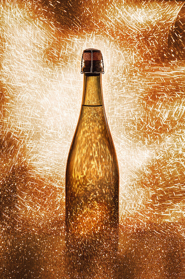 Feine Champagnerflasche, umgeben von glänzenden, funkelnden Lichtern und auf orangefarbenem Hintergrund platziert