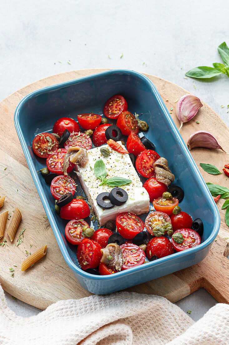 Reife Kirschtomaten mit schwarzen Olivenscheiben und Fetakäse in einer Auflaufform neben ungekochten Penne von oben