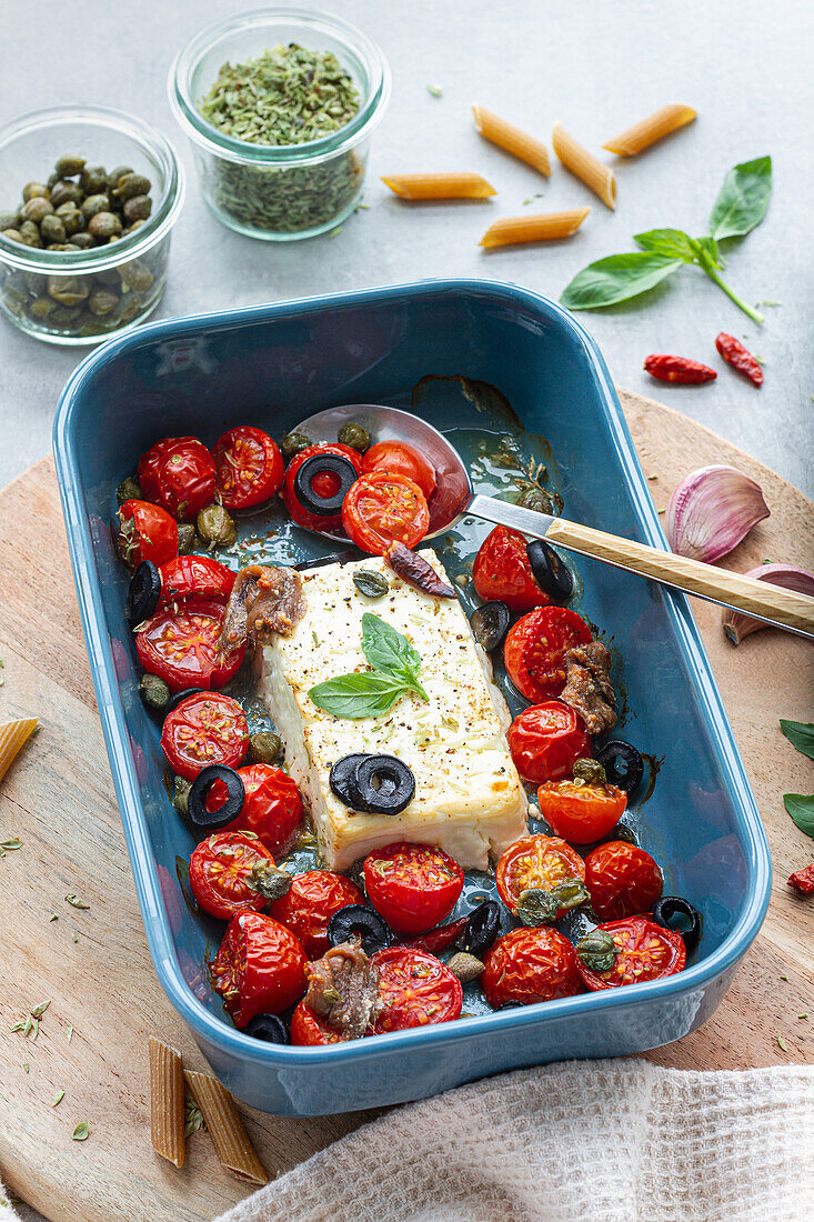 Reife Kirschtomaten mit schwarzen Olivenscheiben und Fetakäse in einer Auflaufform neben ungekochten Penne von oben