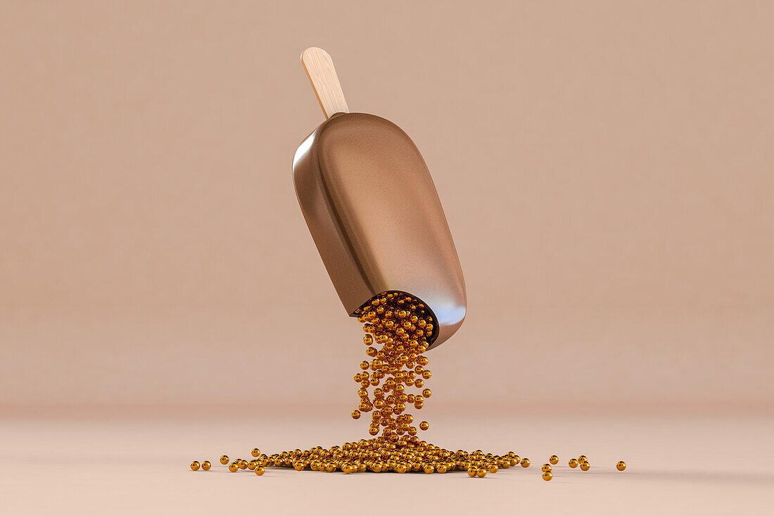 Surreales Schokoladeneis mit goldenen Kugeln aus dem Inneren