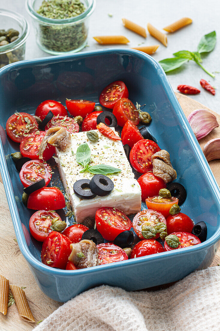 Reife Kirschtomaten mit schwarzen Olivenscheiben und Fetakäse in einer Auflaufform neben ungekochten Penne von oben