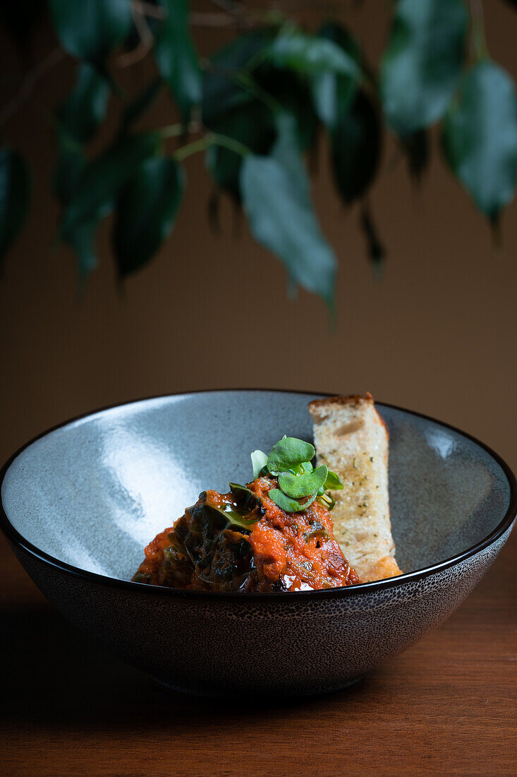 A bowl of rich vegetable stew accompanied by a toasted sourdough bread slice, garnished with fresh greens.