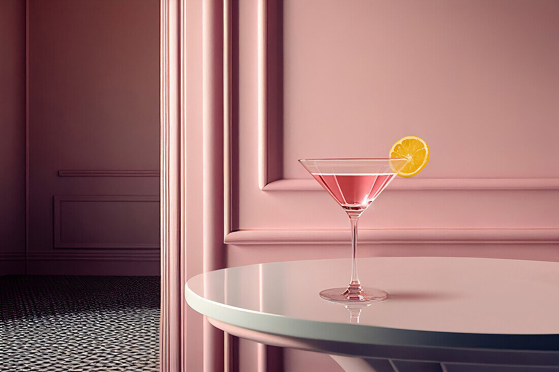 Seitenansicht eines rosafarbenen Cocktailglases auf einem Tisch in einem luxuriösen rosa Interieur. Generative KI