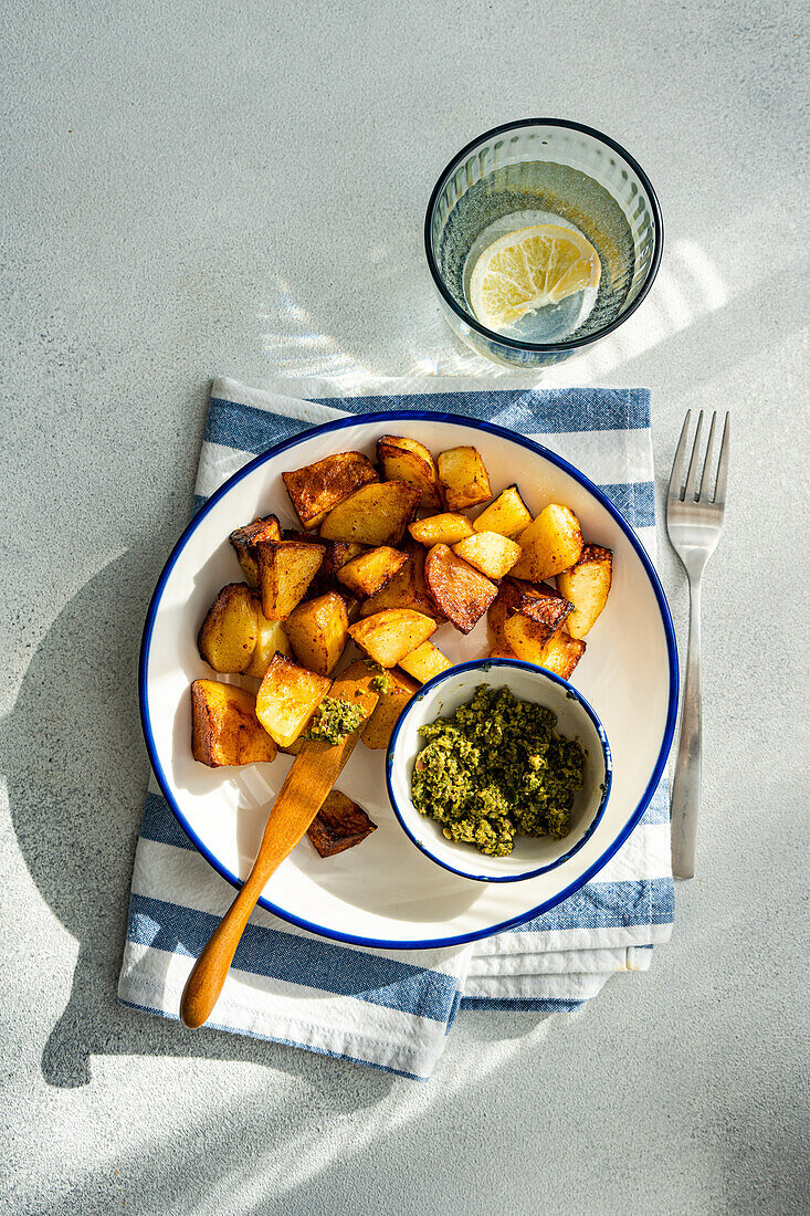 Knusprig gebratene Kartoffeln neben einer Schüssel mit grünem Pesto auf einem blau gestreiften Teller, über einer blau gestreiften Serviette, mit einem Glas Wasser mit Zitronenscheibe im Hintergrund, auf einer strukturierten Oberfläche bei Tageslicht