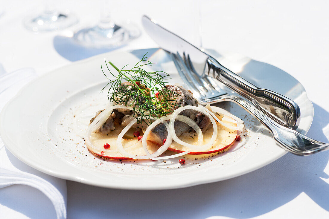 Herb herring fillet on apple slices with onion rings