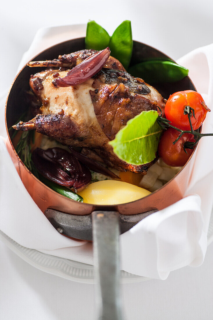 Partridge Saxon style with red wine shallots