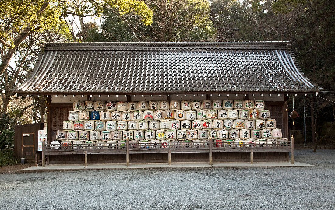 Sake production, barrels in open warehouse
