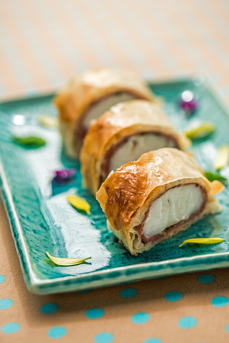 Pike-perch strudel with Parma ham