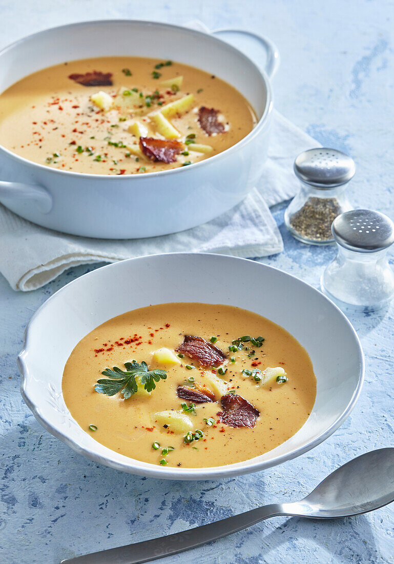 Slowakische Kartoffelsuppe mit Bryndza-Käse und Speck