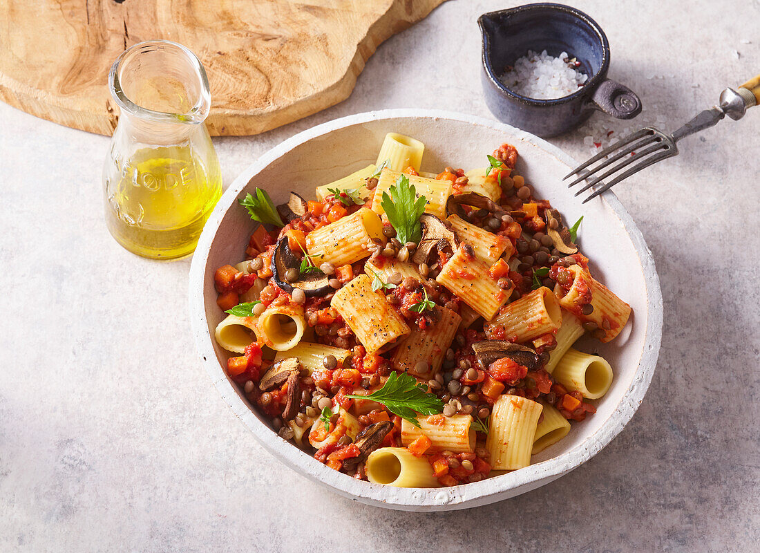 Vegan pasta with lentil Bolognese