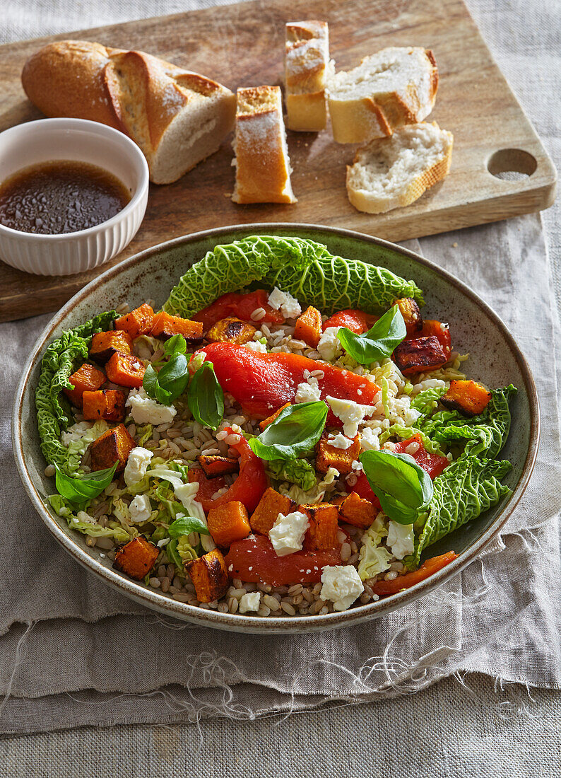 Roasted pumpkin salad with savoy cabbage and cranberry dressing