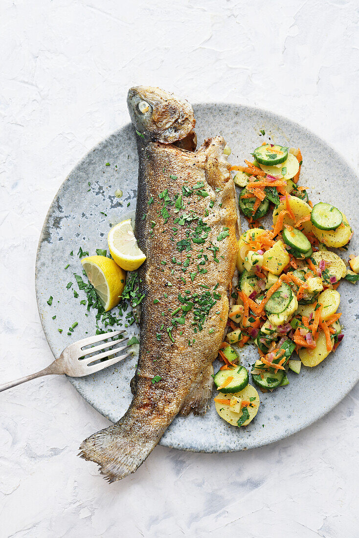 Fried trout with vegetable garnish and lemon slices